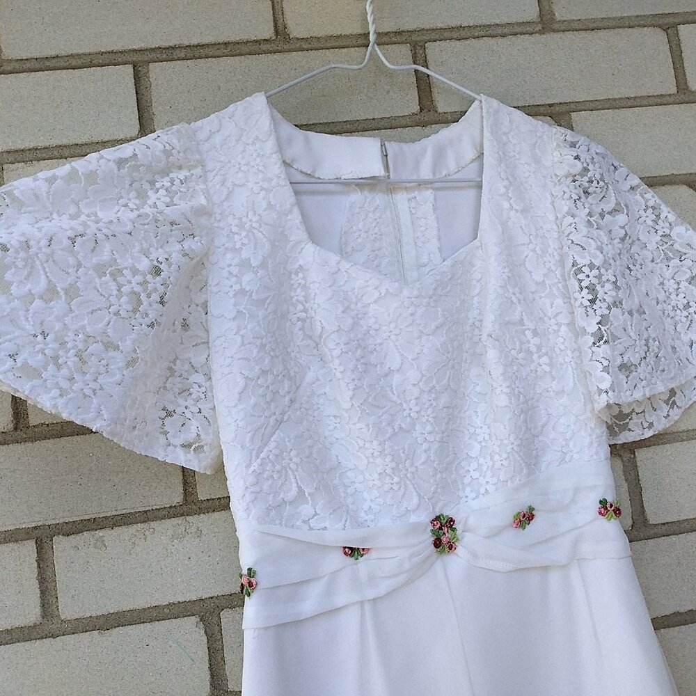 Vintage White Party Dress 29" Bust Bridal Gown Lace Flounce Sleeves Pink Flowers - Picture 4 of 15
